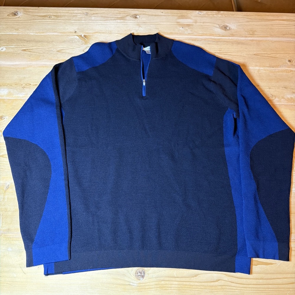 Peter Millar Mens XL Merino Wool 1/4 Zip Sweater Navy Blue Colorblock Golf Knit‎
